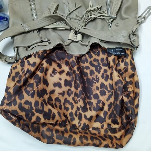 B. Makowsky Gray Leather Drawstring Zipper Pockets Shoulder Bag - Picture 10 of 16